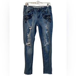 Hydraulic Blue Skinny Jeans with Navy and Gray Floral Embroidery